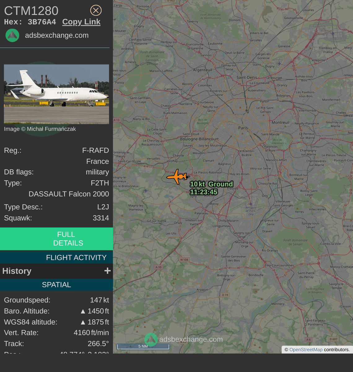 FlottePresident's tweet photo. 🛫 Un Dassault Falcon 2000LX 🇫🇷 République Française vient de décoller près de Villacoublay/Vélizy, France.
Vol #CTM1280, immatriculation #FRAFD.
Suivre le vol : https://t.co/bYrQZfyDLw https://t.co/Xbet0dDC4h