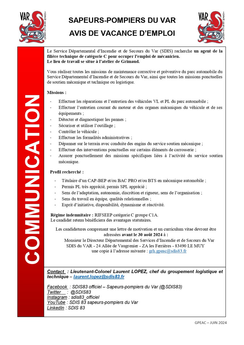 SDIS83's tweet photo. ➡️Le Service Départemental d’Incendie et de Secours du Var recherche un agent de la filière technique de catégorie C pour occuper l’emploi de mécanicien.

 📌Le lieu de travail se situe à l'atelier de GRIMAUD

⏳ À vos CV, vous avez jusqu'au 30 août 2024. https://t.co/x7OSeEToxA
