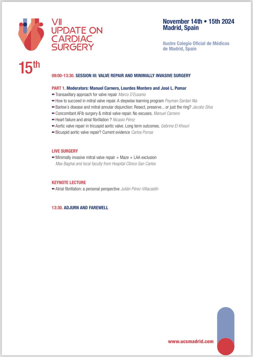 Manuel Carnero (@manuel_carnero) on Twitter photo Happy to announce a new edition of our #UCSMadrid.
Renowned experts will share with attendees their knowledge in valve repair, transcatheter therapies and acute aortic syndromes.
Madrid, 14-15 Nov 2024
Save the date
ucsmadrid.com
<a href="/CardioRed1/">CardioRed 1</a> <a href="/SECTCV/">SECCE</a> <a href="/secardiologia/">Soc Esp Cardiología</a> Happy to announce a new edition of our #UCSMadrid.
Renowned experts will share with attendees their knowledge in valve repair, transcatheter therapies and acute aortic syndromes.
Madrid, 14-15 Nov 2024
Save the date
ucsmadrid.com
<a href="/CardioRed1/">CardioRed 1</a> <a href="/SECTCV/">SECCE</a> <a href="/secardiologia/">Soc Esp Cardiología</a>