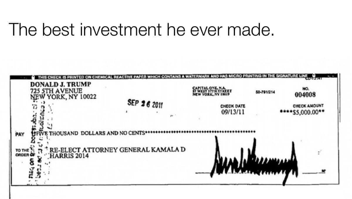 richardhetu's tweet photo. Un des deux dons électoraux de Donald Trump à Kamala Harris. L'autre a été versé en 2013. https://t.co/0XCV68LtbC