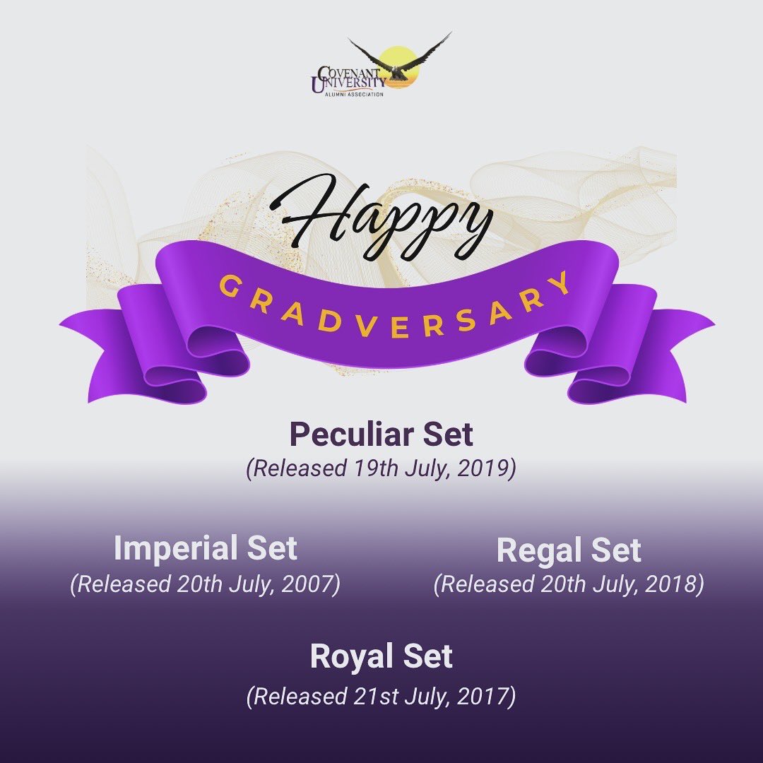 CovenantUAlumni's tweet photo. Celebrating Excellence and Legacy! 🎉

Happy Gradversary to all Eagles who graduated in 2007, 2017, 2018 and 2019.

Cheers to many more years of greatness and impact! 🌟

Represent your set in the comment section 😇

#CUALA
#Gradversary
#GraduationAnniversary 
#CovenantUniversity https://t.co/rZWBsLHUBr