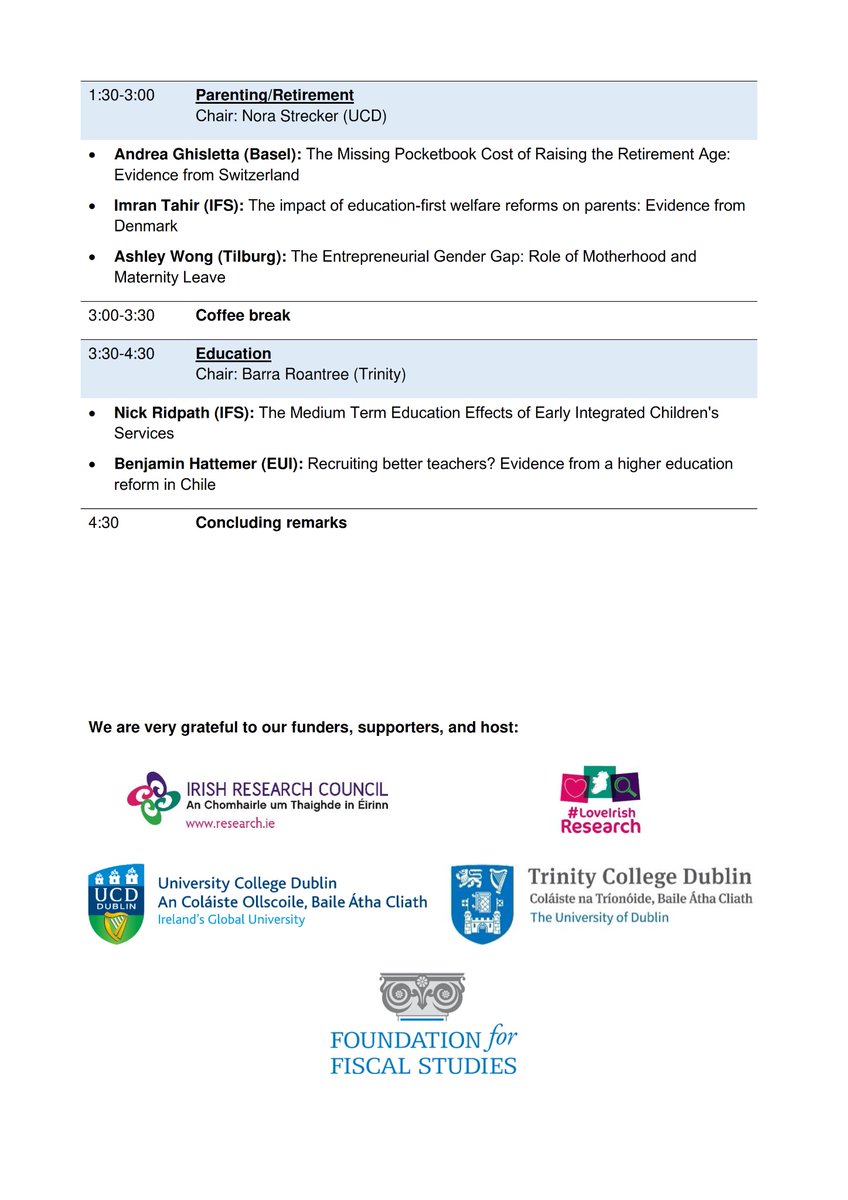 The inaugural Irish Public Economics Workshop (IPEW) will feature 18 academic papers, a policy panel on data access, and a keynote address by Henrik Kleven.

Really thankful for the support from <a href="/IrishResearch/">We are now Research Ireland</a> <a href="/Fiscal_ie/">Fiscal_IE</a>  <a href="/EconomicsUCD/">UCD Economics</a> 

publiceconomics.ie