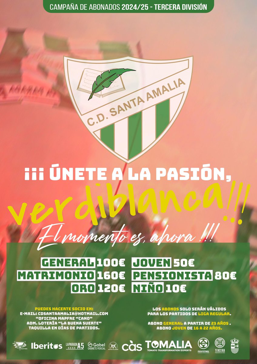 CDSantaAmalia's tweet photo. Campaña Abonados 24/25 

💚 ¡Únete a la pasión verdiblanca! 💚

🫵🏽 El momento es… ¡Ahora! 🫵🏽

💪🏽 ¡Vamos Verdes! 🟢 https://t.co/egnsK8OYz6