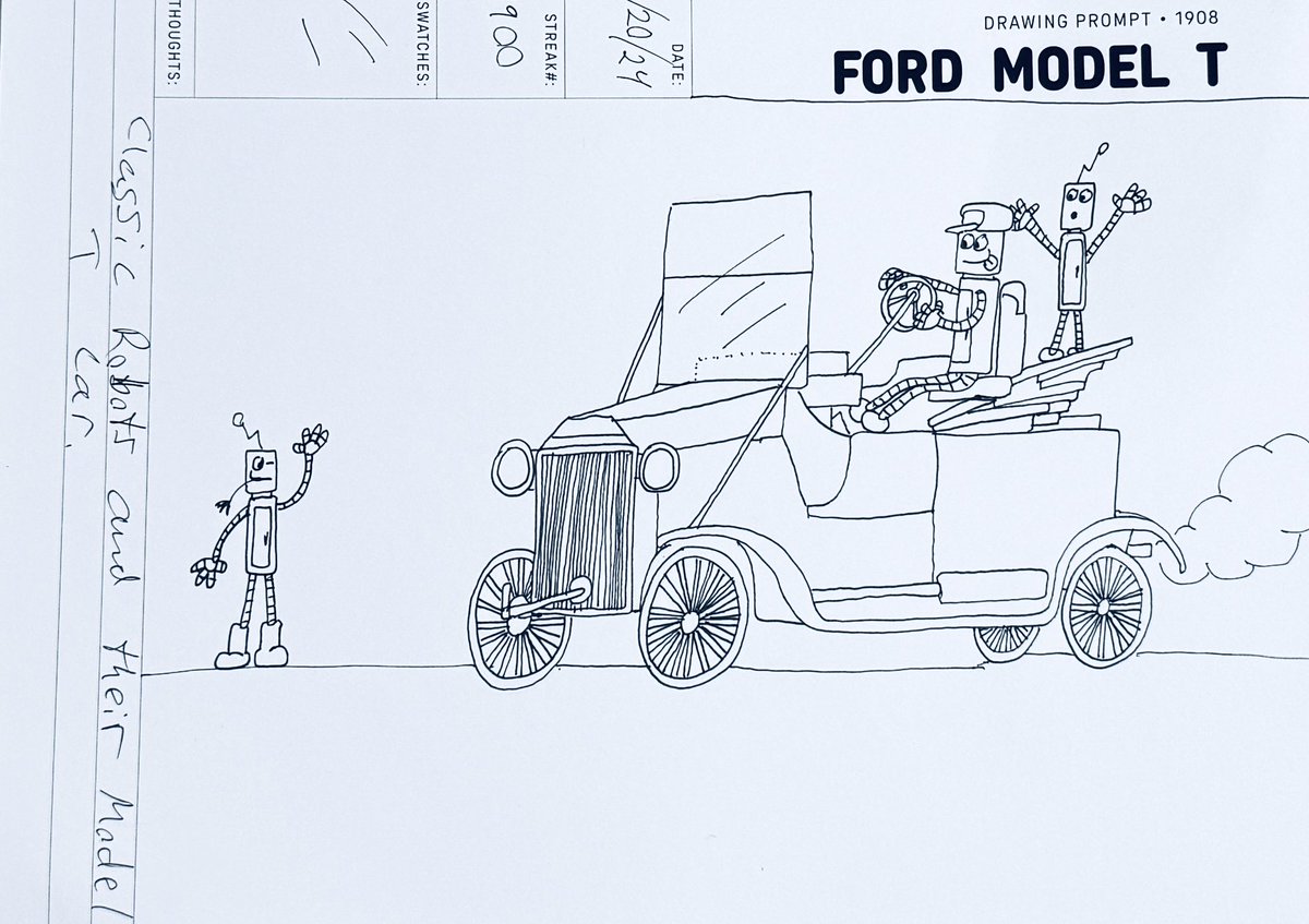 RandallAndrews1's tweet image. Day 22. Ford Model T. My robots go back in time to drive a Model T. #fordmodelT #Eras #SimpleDailyDrawing #july2024 #DrawingPrompts #Robots #frumpysketch @SDDArtCommunity