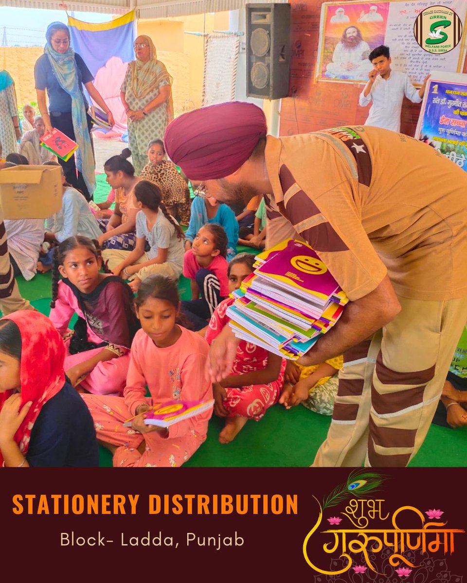 GreenSwelfares's tweet photo. Bringing smile on Guru Purnima!  Inspired by Revered Saint Dr. MSG Insan, Shah Satnam Ji Green ’S’ Welfare Force Wing volunteers from Ladda and Gohana, dedicated their time to support underprivileged children. By providing essential stationery, they are spreading joy and hope, ensuring every child has the opportunity to thrive. #GuruPurnima #BookBank #SaintDrMSG