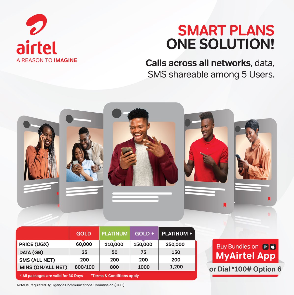 Airtel_Ug's tweet photo. Enjoy seamless connectivity with #SmartPlans
Shareable with up to 4 people
For just 60K, receive:
✅ 25GB of data
✅ 800 Airtel minutes
✅ 100 minutes to other networks
✅ 200 SMS
Dial *100# and select option 6 or use #MyAirtelApp now to choose the perfect package. https://t.co/sgEjONfDN2