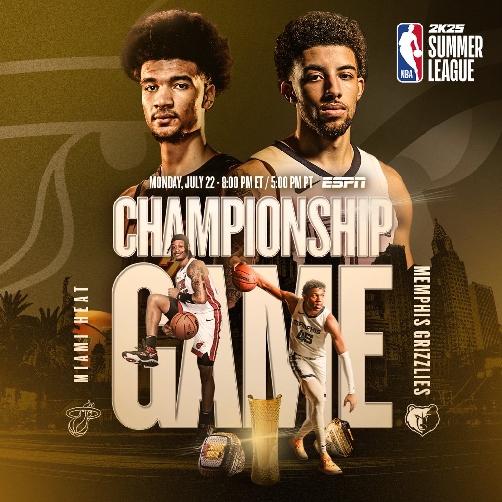 NBASummerLeague's tweet photo. โ๏ธ The NBA 2K25 Summer League finals have been set!
The @MiamiHEAT & @memgrizz will face off today for the Summer League title ๐.
๐๏ธ Order your tickets ยป https://t.co/o8RNOUCmhj https://t.co/6ZY5yvMMn5
