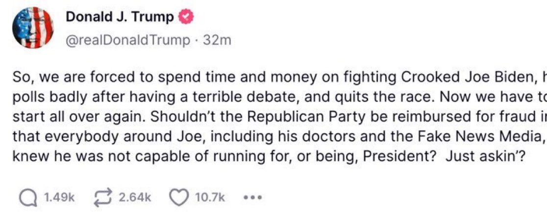 A funny reaction I wasn’t expecting is Republicans feeling cheated by Biden’s dropping out, as if they had earned or were entitled to the weaker candidate. And they seem to actually think people might care.