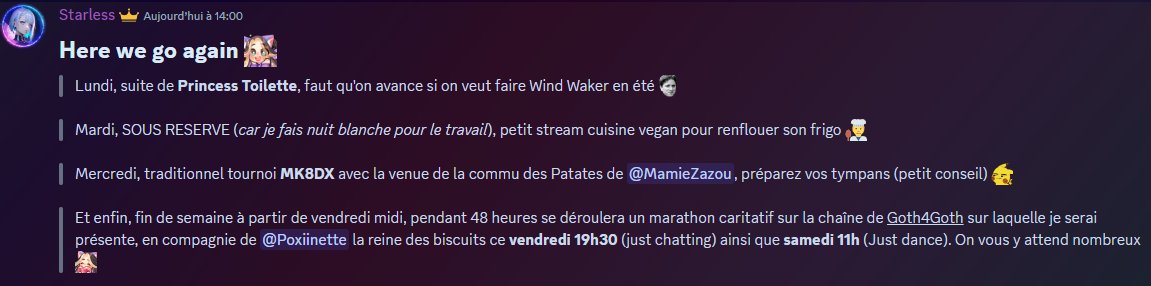 Starless ✨ (@starlessjv) on Twitter photo Le pôti planning de la semaine 💜
RDV vendredi pour un marathon caritatif de folie ! 🔥
#twitch Le pôti planning de la semaine 💜
RDV vendredi pour un marathon caritatif de folie ! 🔥
#twitch