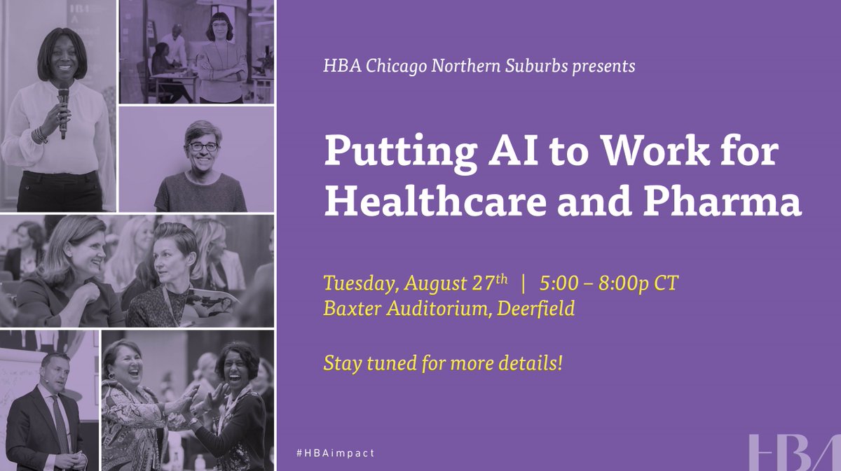 HBAMidwest's tweet photo. SAVE THE DATE! Join #HBAChicagoNorthernSuburbs in-person on August 27th where a panel of AI experts will discuss how pharma is leveraging AI and what the future could look like. Don’t miss this opportunity to broaden your understanding of AI.

#HBAimpact
#AI https://t.co/kZ5GppLiJB