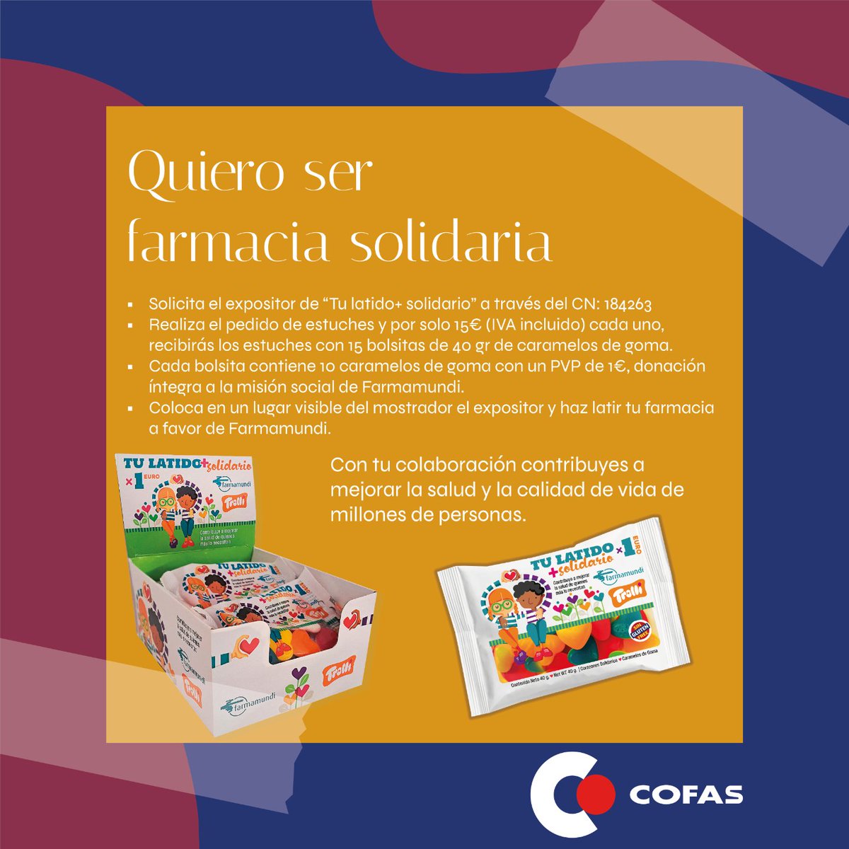 iCOFAS's tweet photo. Disponible la campaña de @farmamundi en alianza con #Trolli en #COFAS
𝐓𝐔 𝐋𝐀𝐓𝐈𝐃𝐎 + 𝐒𝐎𝐋𝐈𝐃𝐀𝐑𝐈𝐎
Con la compra de estas chuches de corazón a 1€, puedes mejorar la salud y facilitar el acceso a medicamentos y asistencia sanitaria a millones de personas. https://t.co/m1quM4X5N4