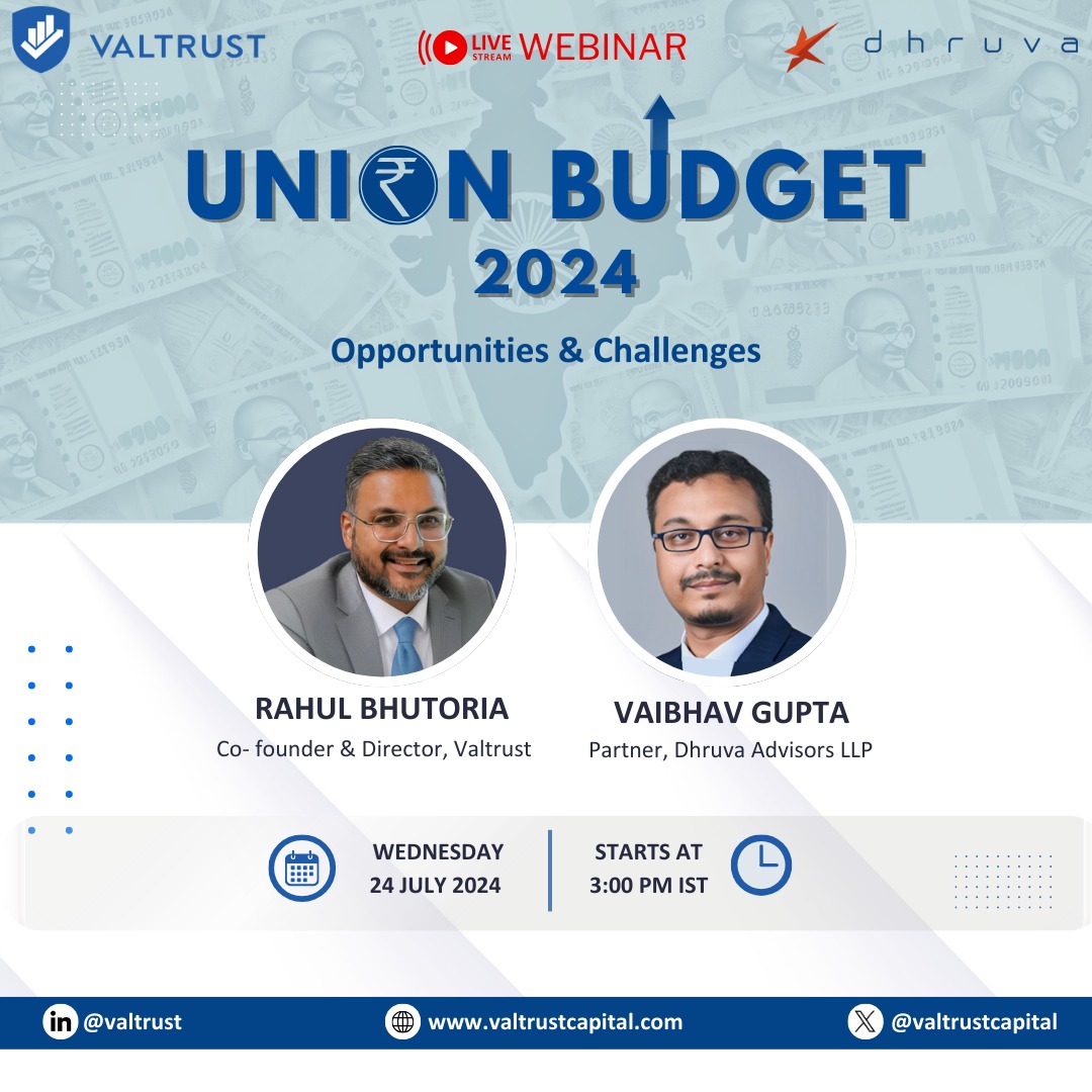 valtrustcapital's tweet photo. The Union Budget 2024 has introduced substantial changes aimed at driving economic growth, enhancing infrastructure, and promoting fiscal stability. As investors and diligent tax payers, it becomes crucial to understand these changes to effectively navigate the new fiscal landscape.

Our upcoming webinar will provide an analysis of the budget's key highlights, discussing the opportunities it presents and the challenges it poses. Discover invaluable insights and understand how the budget impacts your investments.

Join our exclusive webinar: "Union Budget 2024 - Opportunities & Challenges" featuring:

🎙️ @BhutoriaRahul, Co-Founder & Director of @valtrustcapital 

🎙️ @ca_vaibhav, Partner at @DhruvaAdvisors

🗓️ Date: Wednesday, 24 July 2024

🕒 Time: 3:00 PM IST

👉 Register here for the webinar: https://t.co/t1phnrlOQ6

Stay ahead of the curve!

#UnionBudget2024 #InvestmentOpportunities #Webinar #MultiFamilyOffice