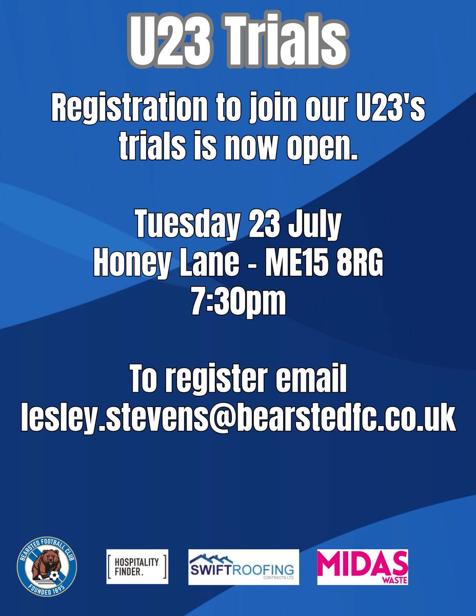 Bearsted_FC's tweet photo. U23 trials taking place tomorrow. Please turn up if you are interested!! https://t.co/DBAvhGahuh