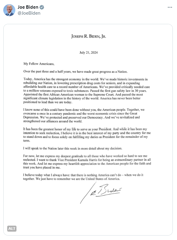 Joe Biden withdraws from the U.S. presidential race, BODEN memecoin price crashes
On July 21st, U.S. President Joe Biden officially announced his withdrawal from the 2024 presidential election. In his statement, Biden did not specify the exact reason for his decision, only