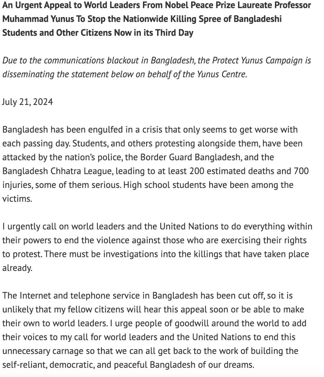 TheDavidBergman's tweet image. Bangladeshi Nobel Peace Price winner Muhammad Yunus, who has been subject to an ongoing campaign of harassment and intimidation over many years, published an appeal to the international community over the crisis in the country.