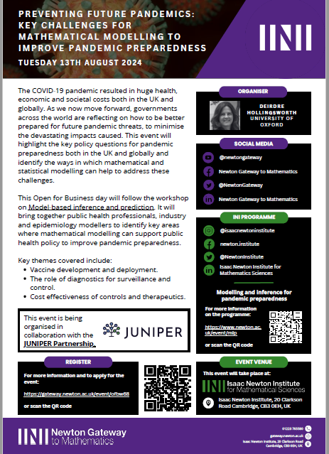 Newton Gateway to Mathematics (@newtongateway) on Twitter photo Preventing Future Pandemics: Key Challenges for Mathematical Modelling to Improve Pandemic Preparedness will take place <a href="/NewtonInstitute/">Isaac Newton Institute</a> on 13th August. With <a href="/DeirdreHoll/">DeirdreHollingsworth</a> <a href="/JuniperConsort1/">Juniper Consortium</a> gateway.newton.ac.uk/event/ofbw68
More details here bit.ly/3ShuEG0 Preventing Future Pandemics: Key Challenges for Mathematical Modelling to Improve Pandemic Preparedness will take place <a href="/NewtonInstitute/">Isaac Newton Institute</a> on 13th August. With <a href="/DeirdreHoll/">DeirdreHollingsworth</a> <a href="/JuniperConsort1/">Juniper Consortium</a> gateway.newton.ac.uk/event/ofbw68
More details here bit.ly/3ShuEG0
