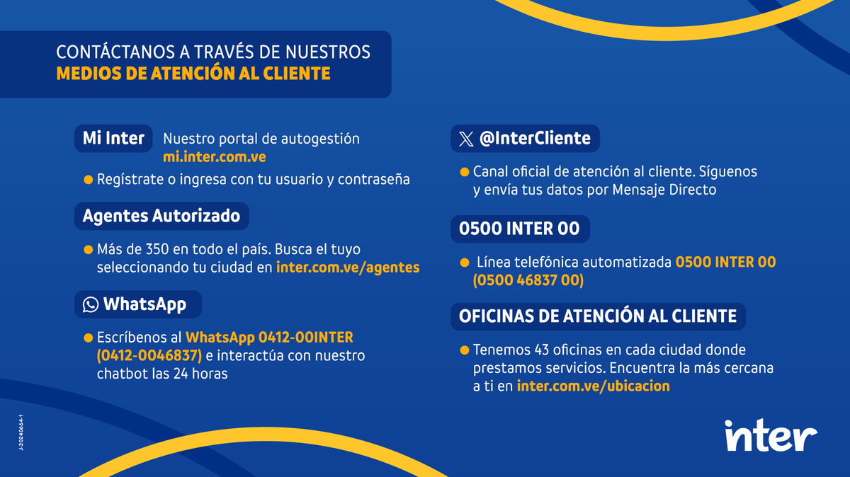 InterCliente's tweet image. Atenderte es nuestra prioridad. Te damos múltiples maneras para que resuelvas tus requerimientos. Puedes hacerlo tú mismo en mi.inter.com.ve y utilizar nuestros medios de atención al cliente ¡Conócelos!