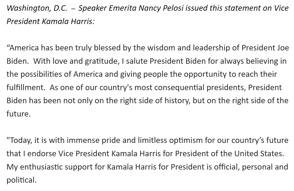 GregTSargent's tweet photo. Huge endorsement for Kamala Harris from Nancy Pelosi just now: https://t.co/lPjjciQZHj