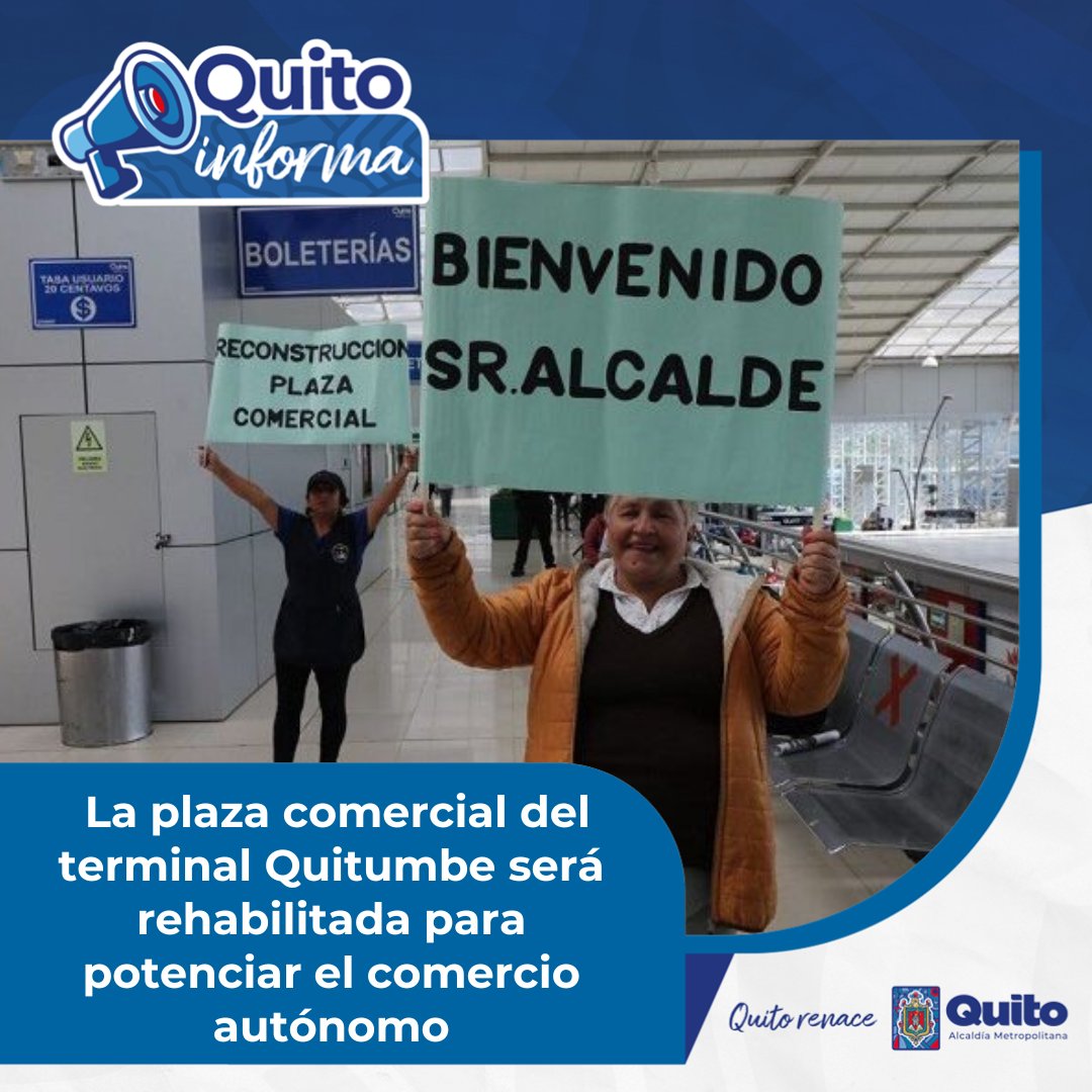 QuitoInforma's tweet photo. 📰 #QuitoComercio | @pabelml, alcalde de Quito, informó que la plaza comercial del terminal terrestre Quitumbe será rehabilitada y repotenciada para los trabajadores y el comercio autónomo.
⬇️Revise más detalles⬇️
https://t.co/GCqzf6uFhF
#QuitoRenace https://t.co/T4F03vJSsU