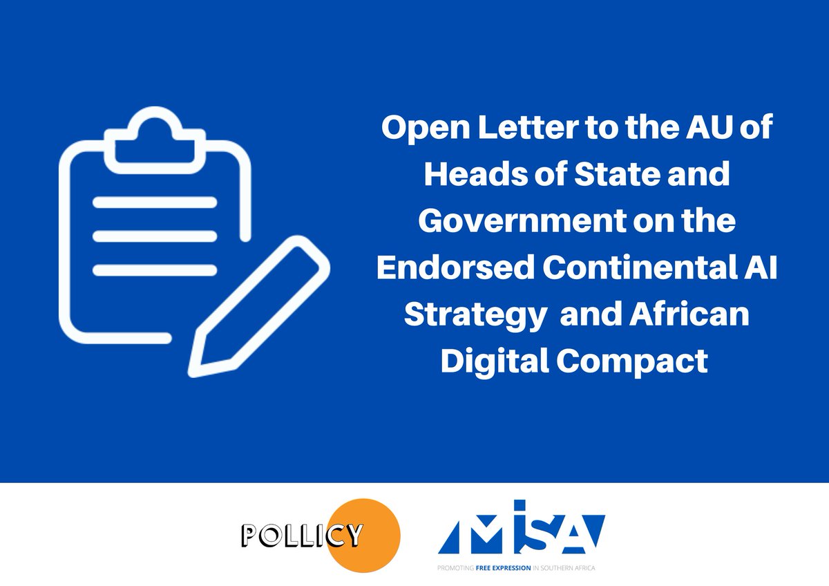 MISA Regional (@misaregional) on Twitter photo Open Letter to the AU of Heads of State and Government on the Endorsed Continental AI Strategy and African Digital Compact
#ArtificialInteligence
#AUStrategyOnAi
misa.org/blog/open-lett…
<a href="/pollicyOrg/">Pollicy</a> <a href="/_AfricanUnion/">African Union</a> <a href="/SADC_News/">SADC Secretariat</a> Open Letter to the AU of Heads of State and Government on the Endorsed Continental AI Strategy and African Digital Compact
#ArtificialInteligence
#AUStrategyOnAi
misa.org/blog/open-lett…
<a href="/pollicyOrg/">Pollicy</a> <a href="/_AfricanUnion/">African Union</a> <a href="/SADC_News/">SADC Secretariat</a>