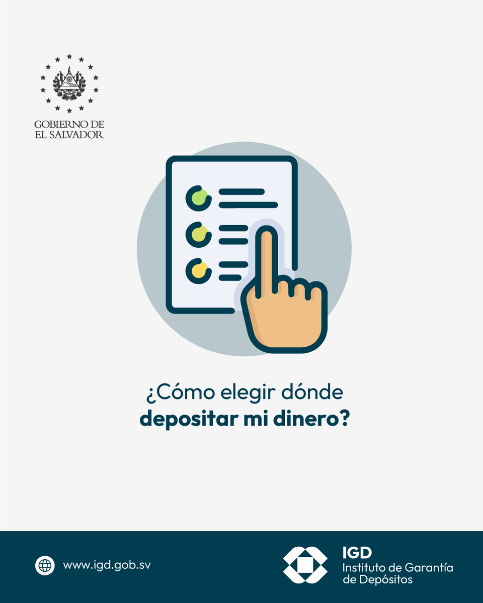 IGD_SV's tweet photo. Elige la Institución financiera donde depositarás tu dinero en #ElSalvador, tomando en cuenta los siguientes puntos: 

✅ Que esté autorizada por la Superintendencia del Sistema Financiero para captar depósitos del público. 

✅ Que tenga la Garantía de Depósitos del #IGDSV, actualmente son 21 Instituciones Miembros que ofrecen el beneficio de manera gratuita y automática. 

✅ Verifica los cobros de comisiones y otros servicios. 

✅ Variedad y flexibilidad de los productos y servicios ofrecidos. 

✅ Tasas de interés asociadas.

✅ Programas de lealtad o beneficios por ser cliente. 

✅ Disponibilidad de servicios electrónicos. 

✅ Cobertura geográfica en cuanto a agencias, cajeros automáticos y puntos de atención.