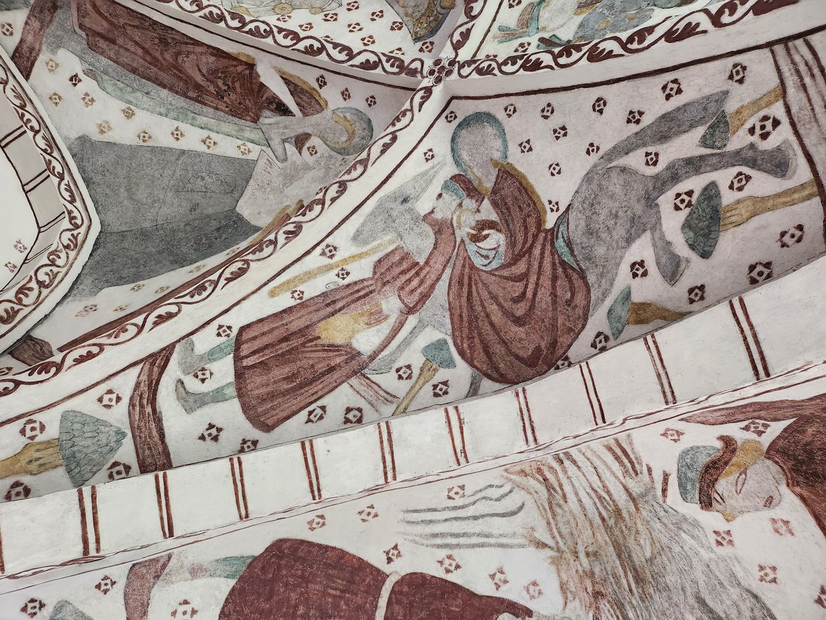 ThomasSmaberg's tweet photo. 15th c wallpainting from #Fulltofta church, Skåne. It depicts the baby Jesus, Mary and Joseph. Is it just me, or is Joseph wrestling the poor donkey? https://t.co/mTULStsCJX