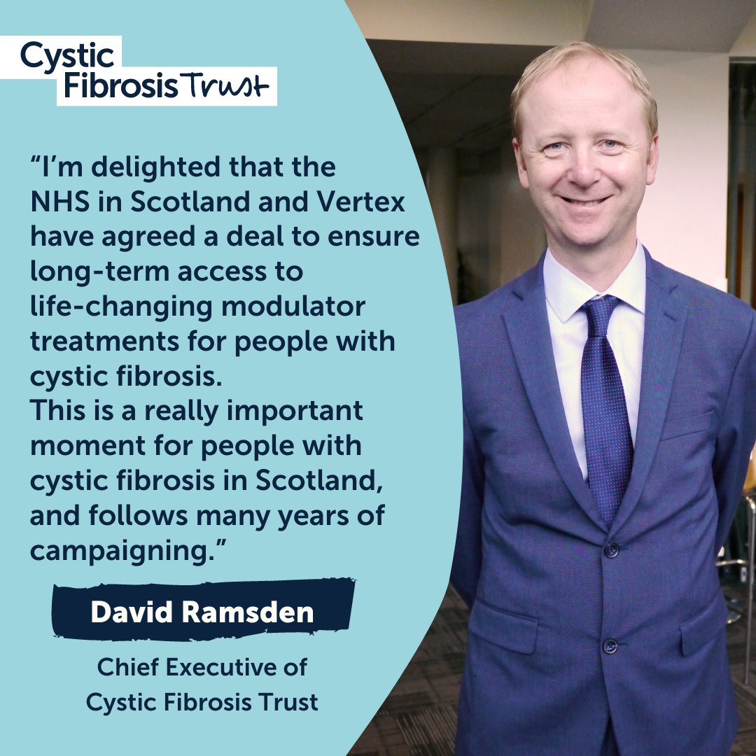 cftrust's tweet photo. We have today received confirmation that agreements between NHS Scotland &amp; Vertex have been finalised. The agreement is comparable to the one in England, NI &amp; Wales, and will provide access to modulator therapies for all existing and future eligible CF patients in Scotland. (1/4) https://t.co/pTgK0ocZT8