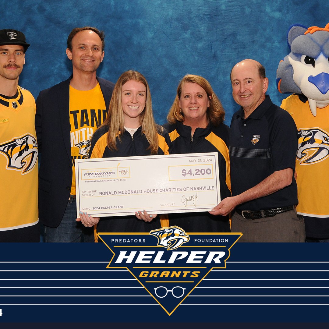 We are so honored to be one of the <a href="/PredsFoundation/">Nashville Predators Foundation</a> Helper Grant Recipients! 🐯🏒These funds help underwrite the cost of  the milk and juice provided for families staying at the Nashville Ronald  McDonald House as well as the Nashville Ronald McDonald House Family  Room.