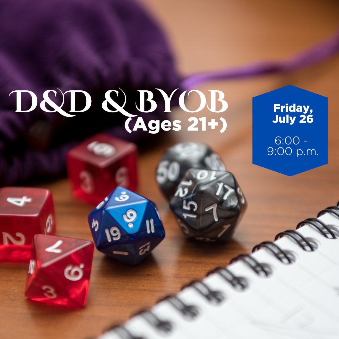 Join us for a rousing night of D&amp;D, pizza, and whatever choice of beverage you bring.

Must be 21 to attend. Mark your calendar and register NOW! lplibrary.org/events2/dd-byo…