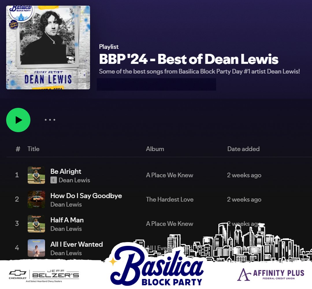 Basilica Block Party (@basilicabp) on Twitter photo 🎤 <a href="/deanlewismusic/">Dean Lewis</a>'s voice = pure gold. 🌟
Whether you’re a longtime fan or a newbie, this playlist featuring his BEST SONGS is sure to get you in the mood for his performance at #BBP204!!
Check out the playlist here --> open.spotify.com/playlist/24Y65…
Tickets available now! 🎤 <a href="/deanlewismusic/">Dean Lewis</a>'s voice = pure gold. 🌟
Whether you’re a longtime fan or a newbie, this playlist featuring his BEST SONGS is sure to get you in the mood for his performance at #BBP204!!
Check out the playlist here --> open.spotify.com/playlist/24Y65…
Tickets available now!