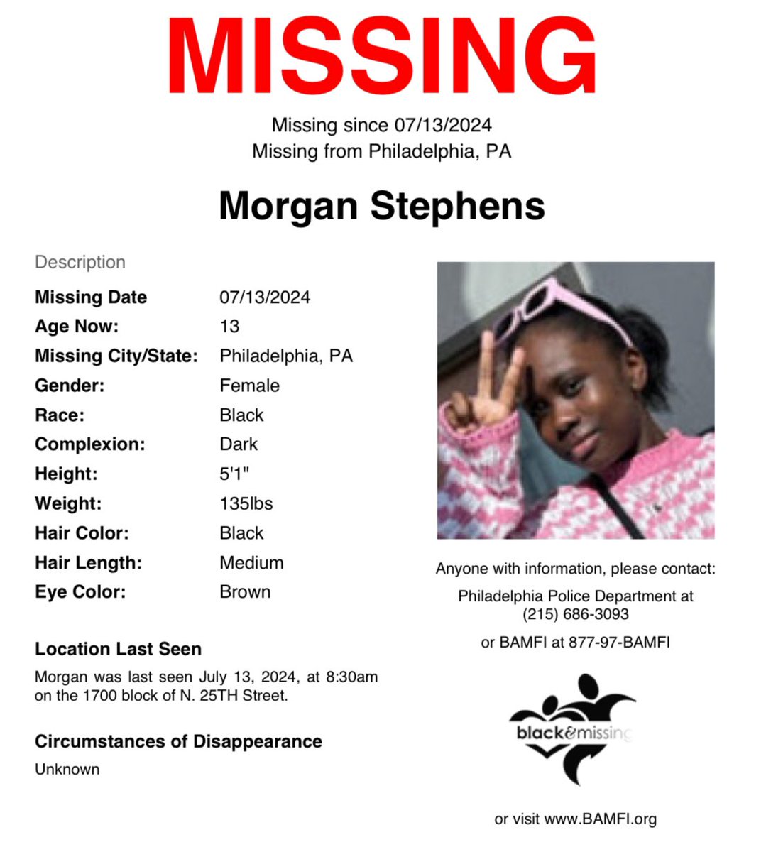 BAM_FI's tweet photo. #Philadelphia, #PA: 13y/o Morgan Stephens was last seen on July 13 at 8:30am on the 1700blk of N 25th Street. She was last seen wearing a pink &amp; black t-shirt, Under Armour pants, and black sneakers. 

Please share to #HelpUsFindMorganStephens
#MorganStephens https://t.co/R33L1lX5Es