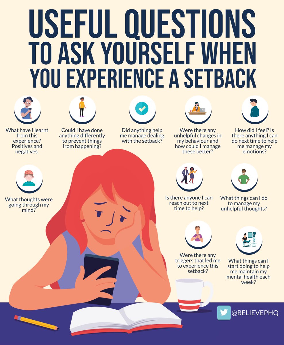 Useful questions to ask yourself when you experience a setback 

Action enhances wellbeing. If you want to build on the below talk to us about this: believeperform.com/mental-fitness…

 #mindfulnessmatters #mentalhealth #wellbeing