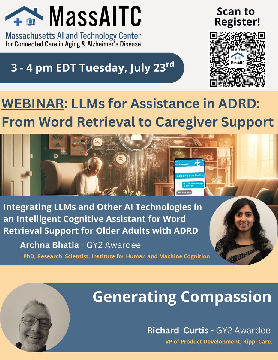 MassAITC's tweet photo. T-minus 1โฃ day to this free webinar!
Register๐https://t.co/X5VChks0EG to hear how MassAITC pilots are using #LLMs for #MemoryAid and #CareGiverSupport
Details about presenters here: https://t.co/gKWBh0onGI
@TheIHMC
@RipplCare https://t.co/dEGSR8oMcS