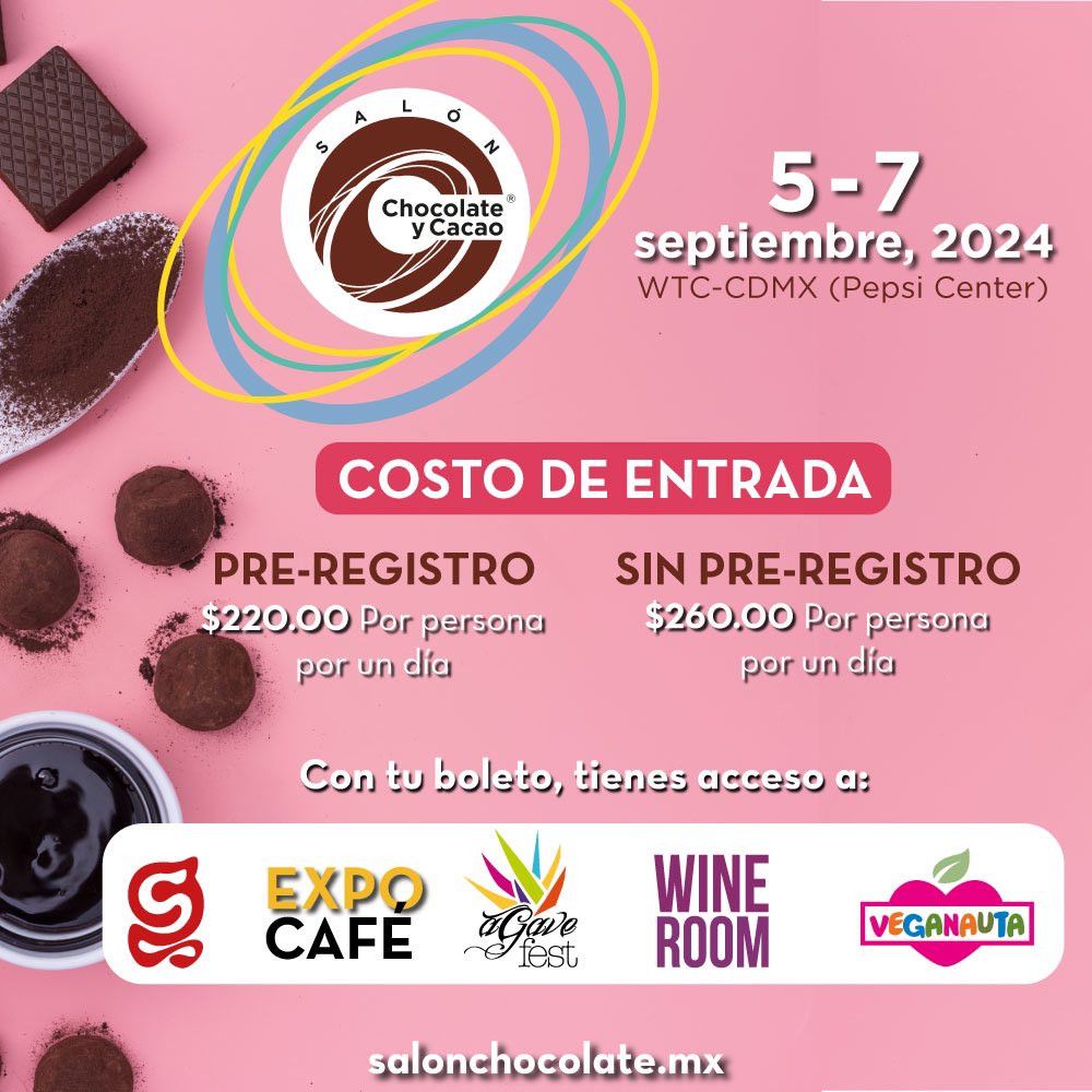 Reserva la fecha para asisitir a Salón Chocolate y Cacao del 5-7 de septiembre y adéntrate en el exquisito mundo del chocolate.

¡Aparte tu boleto incluye el acceso a Expo Café y a Gourmet Show!

Visita salonchocolate.mx