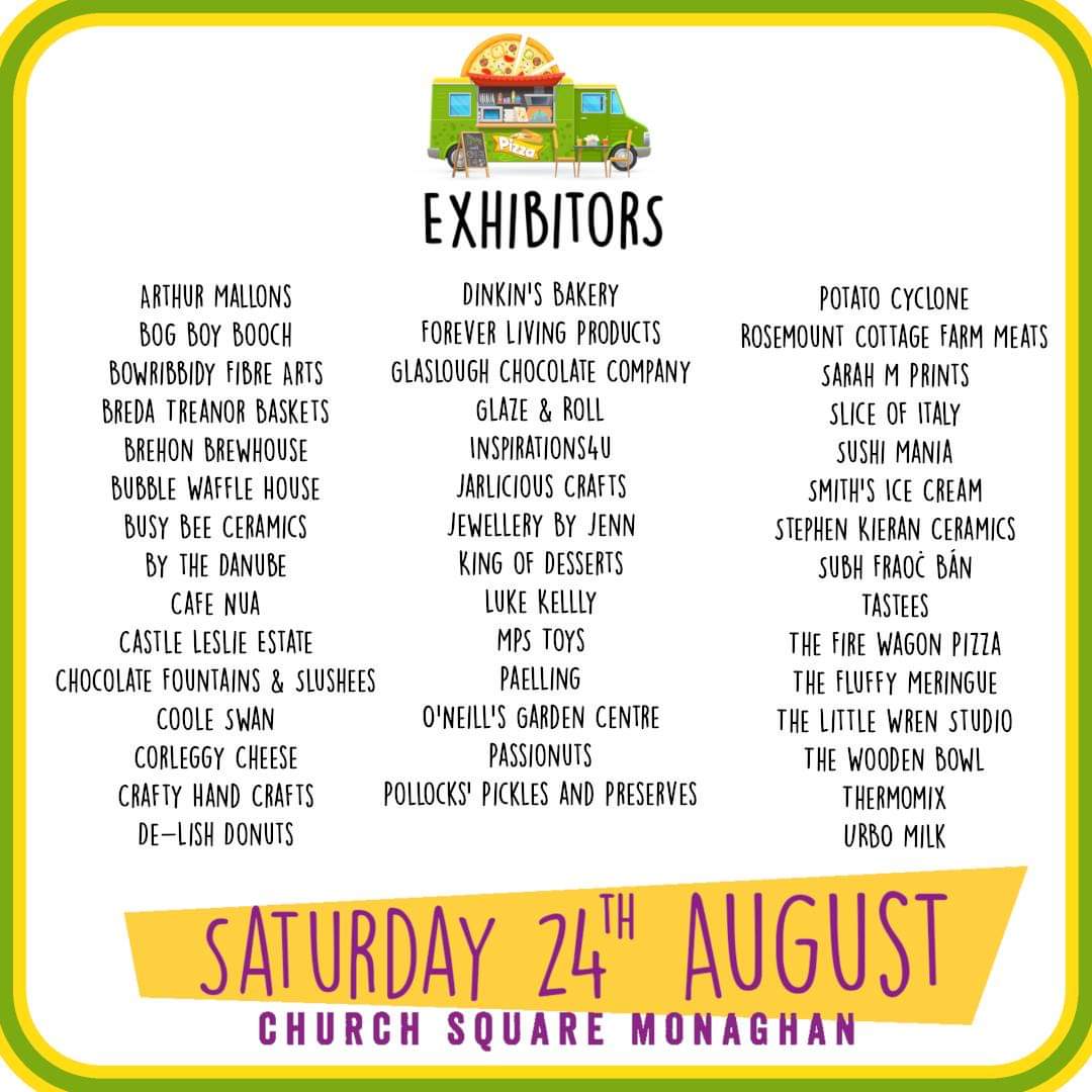 tasteofmonaghan's tweet photo. Mark your calendars for this one day event, everything kicks off at 11 am and it will be finished at 6 pm. Rain, shine or hail 🌧️ 😎 🌦️ 🌈 we'll be out for the fun!
#Monaghanhasit #TasteOfMonaghan #FoodieFest #SupportLocal #MonaghanEvents #StreetFood #LiveMusic #FamilyFun https://t.co/kXJzG5gRg4