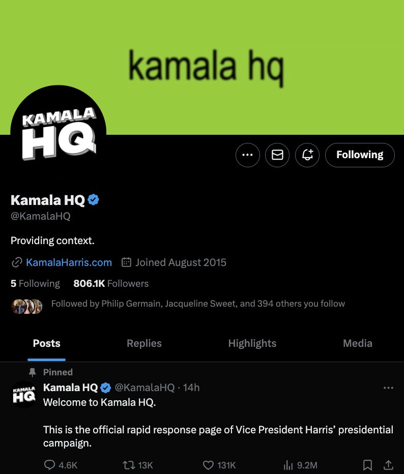 The <a href="/KamalaHQ/">Kamala HQ</a> account has now surged past 800k followers. Fast approaching 1 million-- let's gooo!