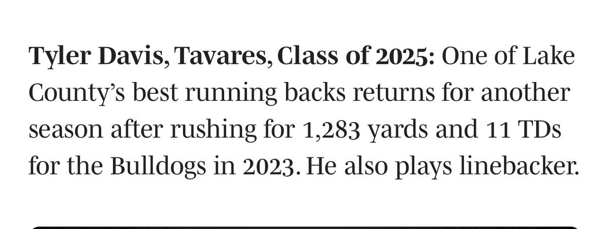 Tyler Davis (@tylerd_athlete) on Twitter photo I’m honored to receive recognition as one of the top RB’s in Central Florida. Thankful! 🙏🏾 C/O25
<a href="/FootballTavares/">Tavares Football</a> <a href="/Coach_Hilding/">Sam Hilding</a> <a href="/CoachBruce_10/">Coach Bruce Peters</a> <a href="/JMarkG1962/">Jeff Gardenour</a> I’m honored to receive recognition as one of the top RB’s in Central Florida. Thankful! 🙏🏾 C/O25
<a href="/FootballTavares/">Tavares Football</a> <a href="/Coach_Hilding/">Sam Hilding</a> <a href="/CoachBruce_10/">Coach Bruce Peters</a> <a href="/JMarkG1962/">Jeff Gardenour</a>