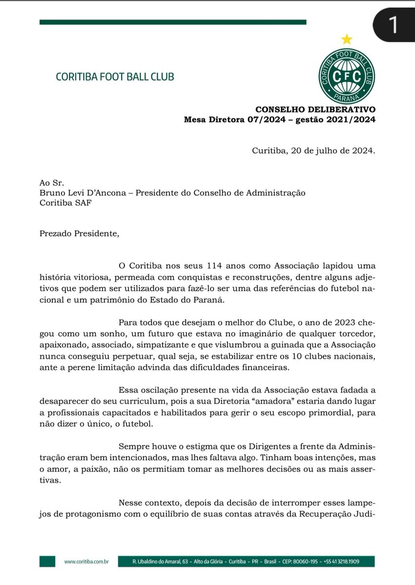 IrlanSimoes's tweet photo. Até semana passada basicamente não dava para perceber diferença entre o Conselho de Administração da SAF do Coritiba e a Mesa Diretora do Conselho Deliberativo do Coritiba FC (que hoje preside interinamente a associação).

Hoje, em nota, a associação elogia avanços administrativos enquanto cobra resultados esportivos da SAF. 

Várias questões seguem sem respostas:
- Qual o valor obrigatório dos aportes da Treecorp em 2024? Quanto foi investido de fato?

-Quantos e quem são os membros da associação listados como cotistas da Coxa Participações S.A., fundo criado pela Treecorp antes mesmo da aprovação da SAF pela Assembleia Geral da associação? 

- Quando ocorrerá a eleição da associação, atrasada em 10 meses sob justificativa de adequação do estatuto, que também não foi finalizada até hoje?