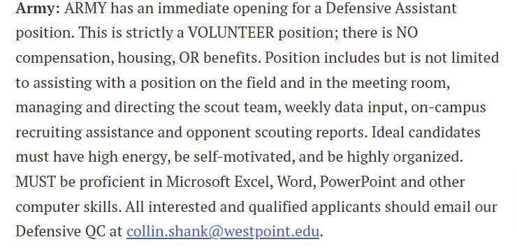 Get these types of jobs/job listings out of coaching. It’s one thing for a small D3 school to offer a no pay job but ARMY? The ncaa needs to crackdown on these position openings that literally give zero compensation to a young coach. Ridiculous #ncaa #coach