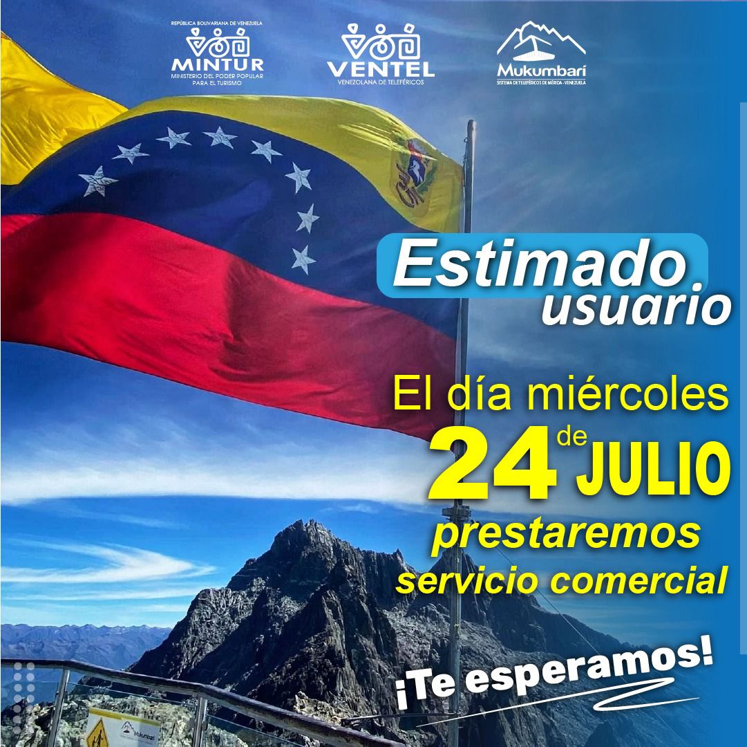 📌Estimado usuario el día miércoles 24 de Julio prestaremos servicio comercial. 🏔️🚠

¡Te esperamos! 🇻🇪

<a href="/AliErnesto32/">Alí Ernesto Padrón Paredes</a>
<a href="/victorcrepano/">Víctor Cruz</a>
<a href="/rromero0913/">romulo romero</a>
<a href="/venteloficial/">venteloficial</a>
<a href="/Minturvzla/">Mintur/Motor Turismo</a> 
<a href="/Minturvzla/">Mintur/Motor Turismo</a>
<a href="/inaturmerida/">INATUR Mérida</a>

#turismomerida #telefericos #familia #fotografia