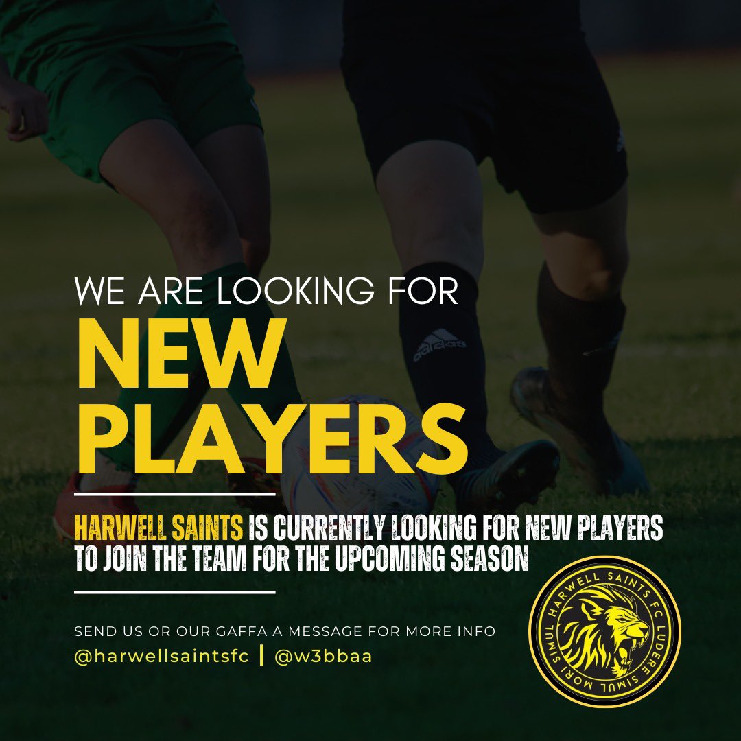 Harwell Saints are gearing up for an exciting new season, and we are currently looking for new players to be apart of the team! ⚽ If you're passionate about the game and are looking for a club, send us or  a message for more information. 
Let's make this season unforgettable! 🙌