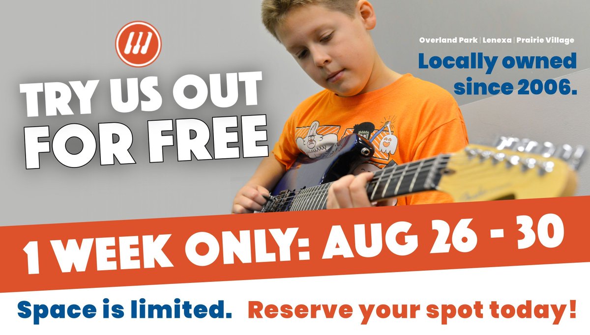 MusicHouseKC's tweet image. Free lessons &amp;amp; classes for 1 week! Aug. 26 - 30! Reserve a spot at any of our locations (Overland Park, Lenexa, &amp;amp; Prairie Village). We expect a huge response so reserve your spot before they're gone. buff.ly/3qLNrcG #musiclessons #musichousekc #freemusiclessons