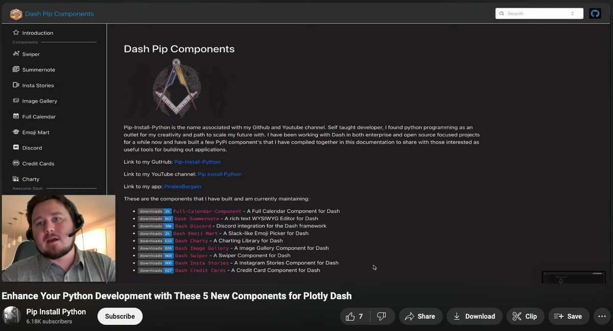 plotlygraphs's tweet photo. Looking to unleash actions and interactivity with your #Dash apps? 📊 #PlotlyCommunity member Austin K (Pip Install Python) created a video tutorial where he shares 5 new incredible community components created for #Plotly and Dash. If you're a data visualization enthusiast or a developer working with Dash, this video is a must-watch.
You’ll learn:
• Key features and functionalities of each package
• Practical examples and use cases to get you started
• Tips and best practices for integrating these components into your existing Dash projects
Components include: Dash Blueprint Components, Dash Pydantic Form, Dash MDXeditor, Dash Socketio, Dash Standalone Boilerplate
Check it out! https://t.co/uxFBOd1Uxb