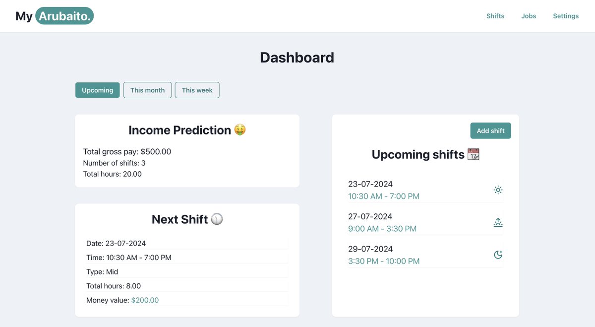 lsrocha_dev's tweet photo. New Feature Alert! 🚀

You can now filter your income data, shifts, and total hours by:

• Upcoming 
• This month 
• This week 

Track your work more efficiently and get better insights into your earnings! 💸

Check it out: https://t.co/AwntGPvNLu

cc: @_buildspace https://t.co/ng12Ea0crU