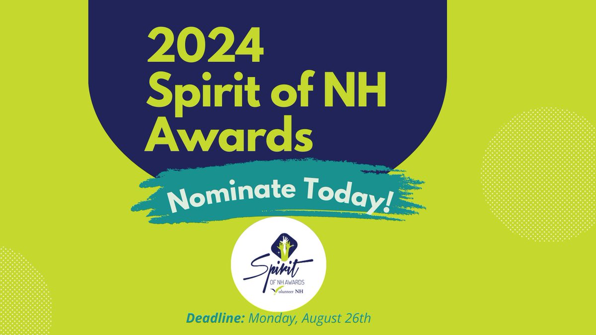 Volunteers are the lifeblood of New Hampshire, and we want to celebrate them at the 2024 Spirit of NH Awards Ceremony! Nominations are now open through Aug. 26 to have your favorite volunteers and organizations recognized at our event on Oct. 21.
Visit volunteernh.org/news-opportuni…