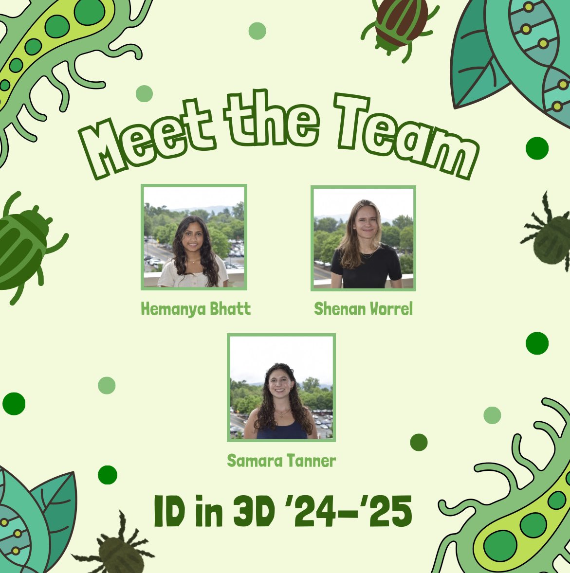 Id_in_3D's tweet photo. We are so excited to introduce the '24-'25 ID in 3D team! We are hard at work developing an interactive 3D representation of the microscopic processes of an infectious disease and are excited to share what we develop. Stay tuned for more sneak peaks! 🪲🪵🦠🌿 https://t.co/xOMpGETfjq
