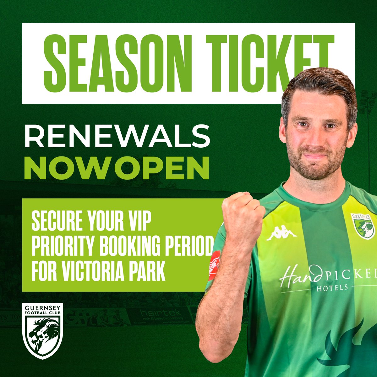Visit guernseyfc.com/season-tickets to renew your season tickets. 
Half season ticket includes:

Entry to 12 home games at Footes Lane

Exclusive access to priority booking period to secure your seat at Victoria Park

Optional pre-purchased match day programme at a discounted rate.