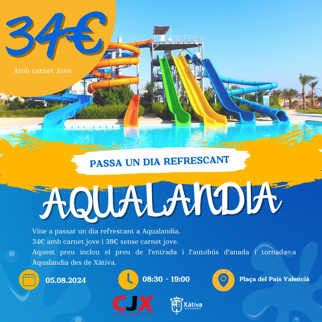 🔫𝐕𝐈𝐀𝐓𝐆𝐄 𝐀𝐐𝐔𝐀𝐋𝐀𝐍𝐃𝐈𝐀 𝟐𝟎𝟐𝟒🔫

😎Passa un dia refrescant🎉

📅Dilluns 5 d'agost
🕣De 8:30h a 19:00h
📍 Plaça del País Valencià
💷 34€ amb carnet jove i 38€ sense carnet jove
📝 Inscrpcions fins dimecres 31 de juliol. 

+Info linktr.ee/conselljoventu…