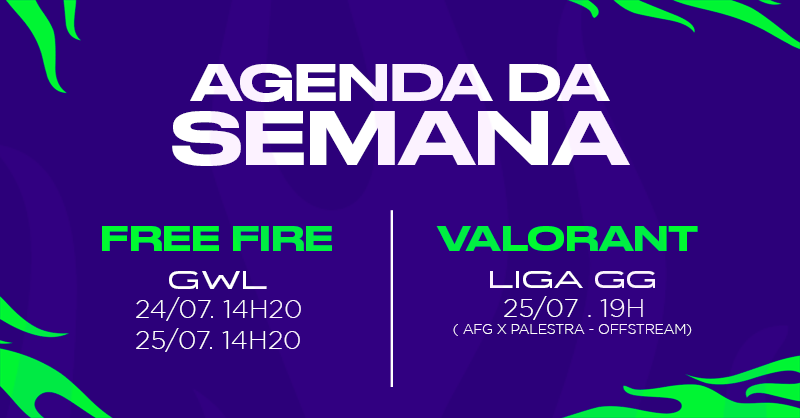 Confira a agenda da semana dos nossos times de Free Fire e Valorant.

Já agenda um horário pra mandar o #GOAFG 

#freefire #valorant