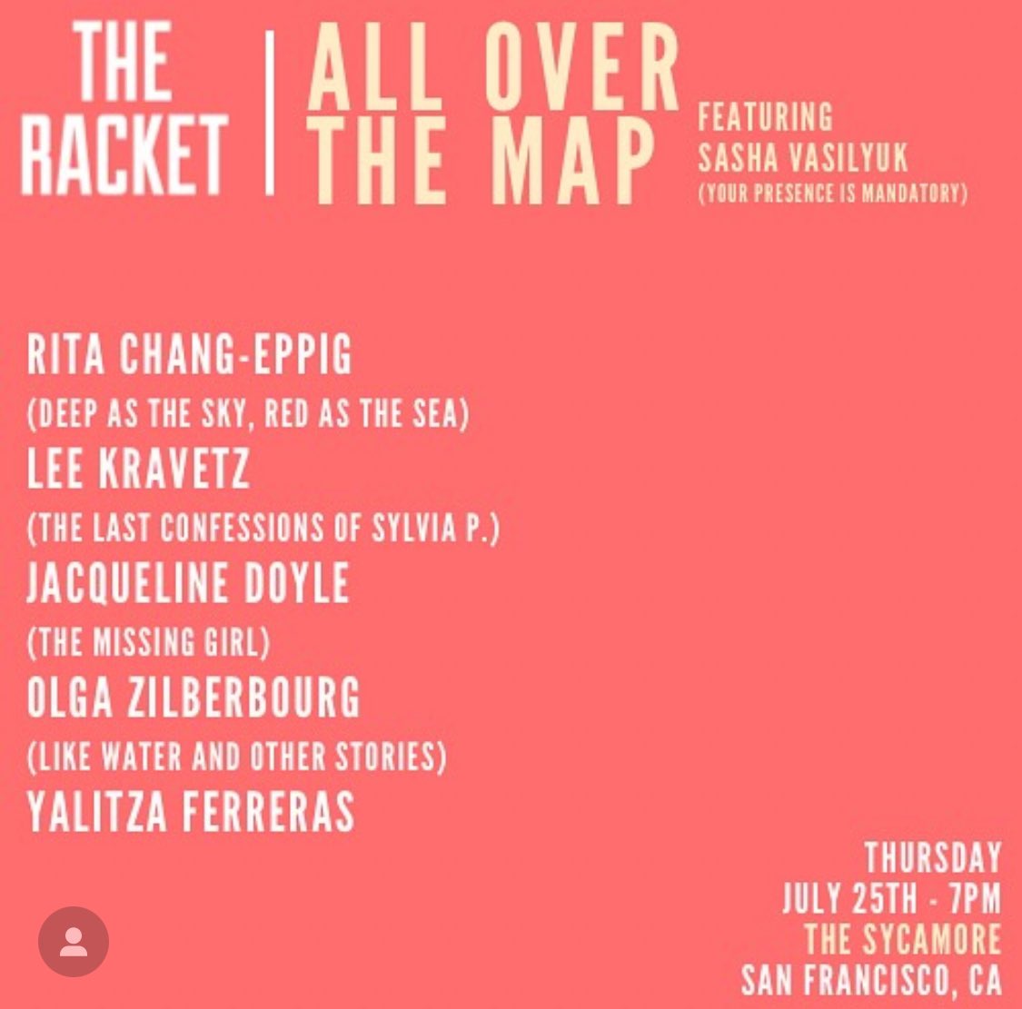 Sasha Vasilyuk (@sashavasilyuk) on Twitter photo This Thursday in SF, I’m VERY excited to go All Over the Map with the talented lineup of author friends who’ll read from their work (and WIP!): <a href="/bowlga/">Olga Zilberbourg</a> <a href="/Lee_Kravetz/">Lee Kravetz</a> <a href="/doylejacq/">Jacqueline Doyle</a> @rche_types <a href="/yalitzawrites/">Yalitza Ferreras</a> This Thursday in SF, I’m VERY excited to go All Over the Map with the talented lineup of author friends who’ll read from their work (and WIP!): <a href="/bowlga/">Olga Zilberbourg</a> <a href="/Lee_Kravetz/">Lee Kravetz</a> <a href="/doylejacq/">Jacqueline Doyle</a> @rche_types <a href="/yalitzawrites/">Yalitza Ferreras</a>